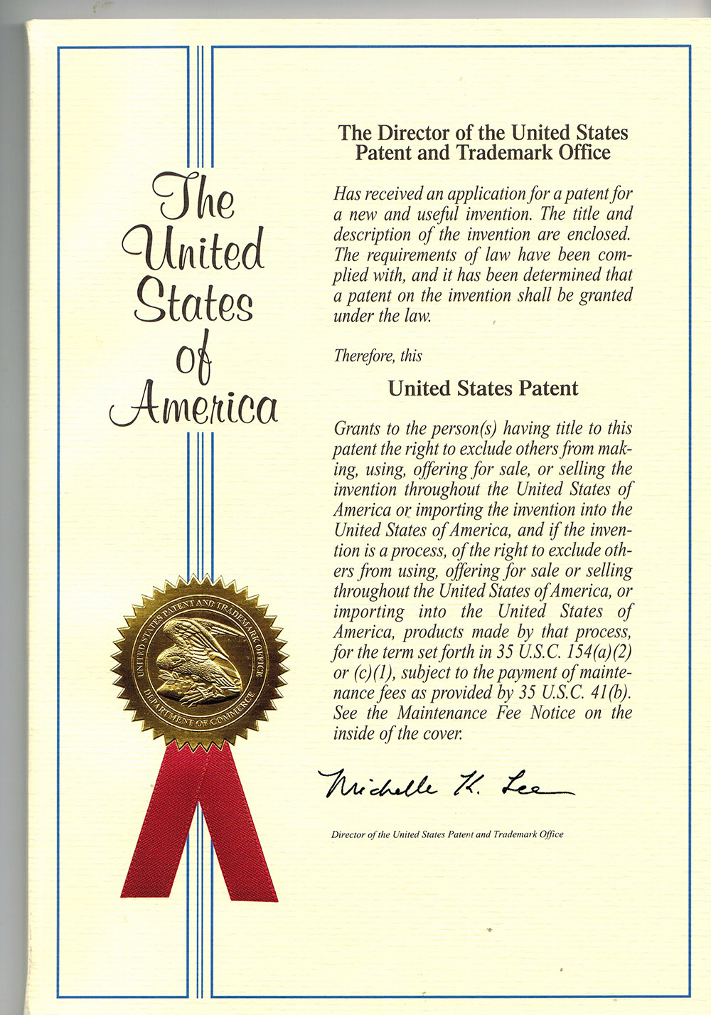 美國(guó)專利證書(shū)